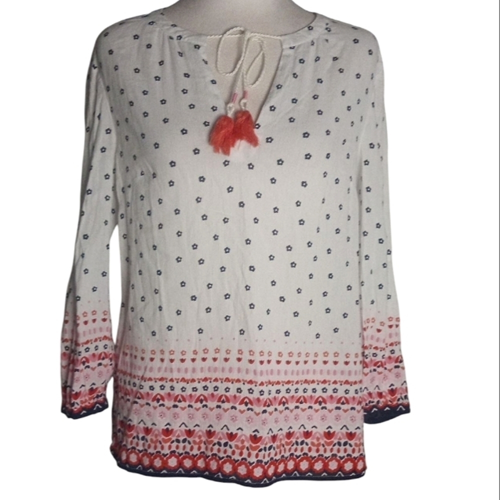 Boden Cotton Lightweight Floral Print Tie Neck Peasant Blouse Size 4